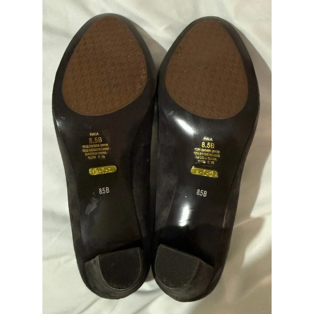 Lauren Ralph Lauren Hala Dark‎ Grey Suede Block Heel Pumps Womens 8.5B Round Toe